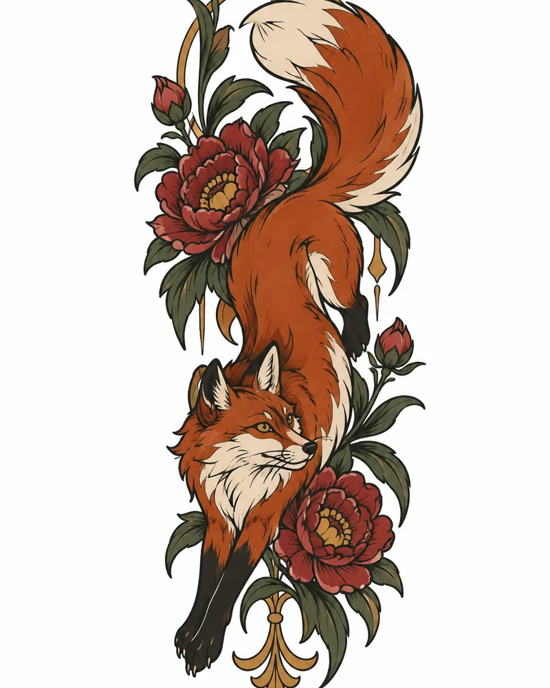 Neo-traditional fox and florals arm tattoo design, for the forearm