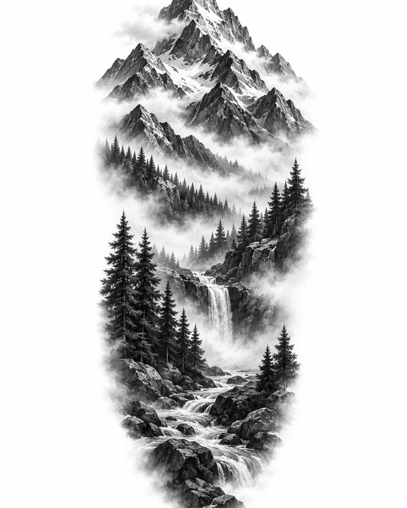 Realism mountain band arm tattoo design, for the forearm