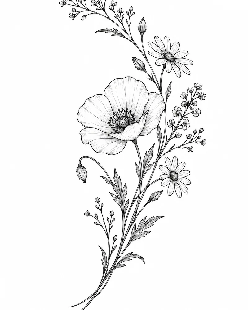 Fine line wildflower arc arm tattoo design, for the upper arm
