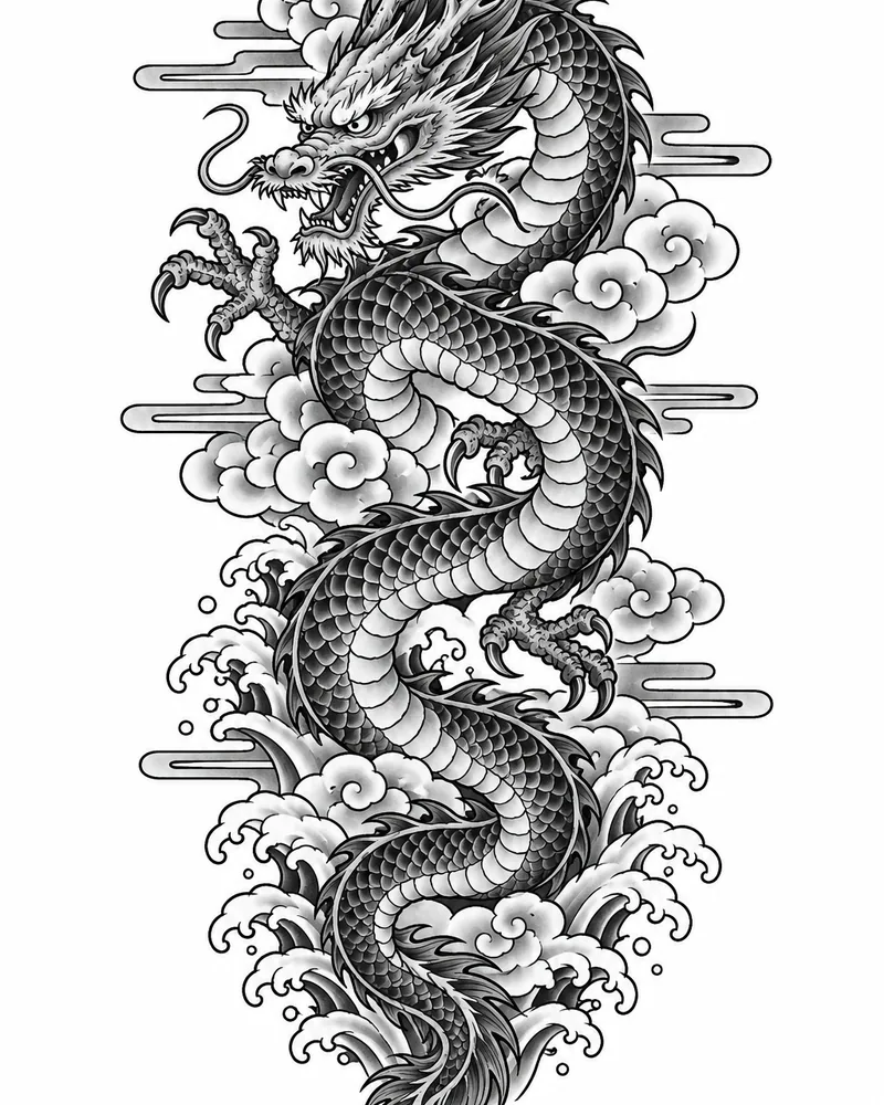 Japanese dragon back tattoo design coiling through clouds