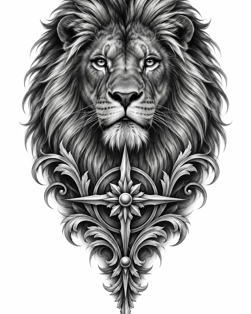 Realism lion portrait back tattoo design in black and grey