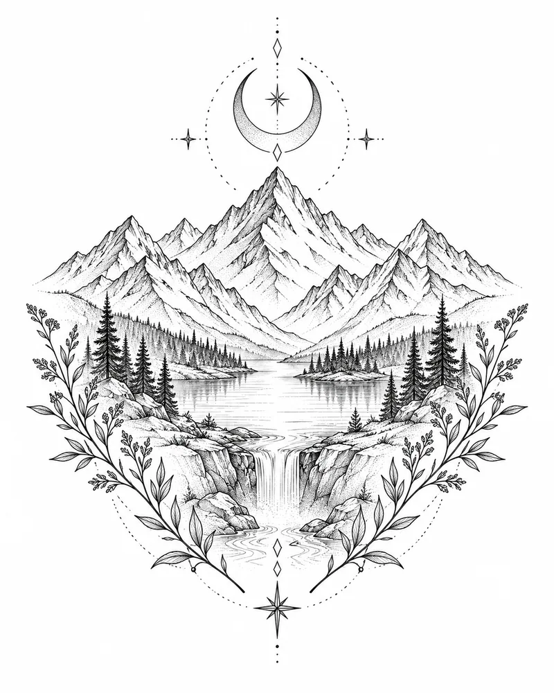 Fine line mountain landscape back tattoo design with a crescent moon
