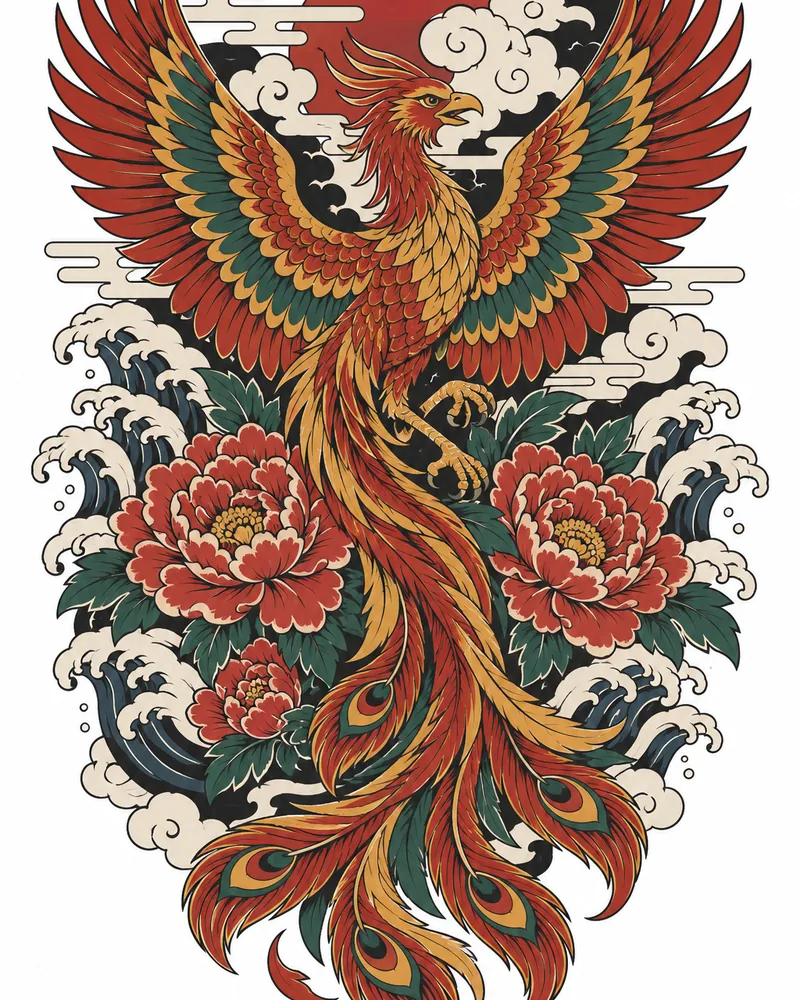 Japanese phoenix back tattoo design over peonies, in color