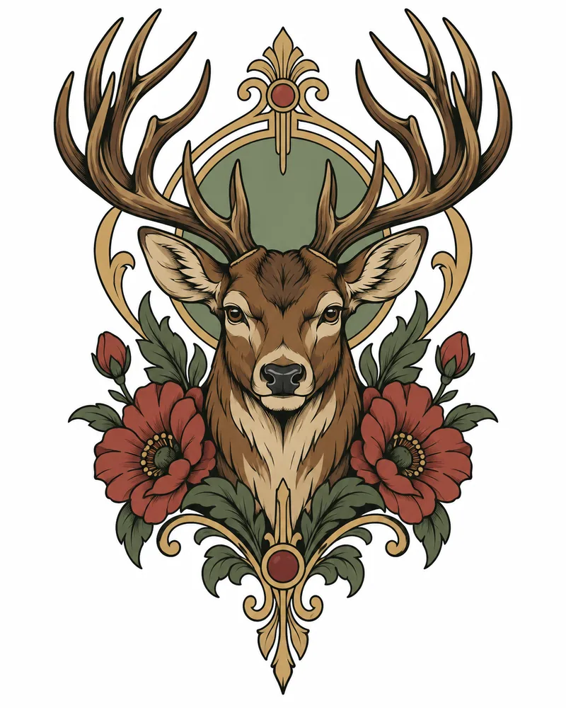 Neo-traditional stag with florals back tattoo design
