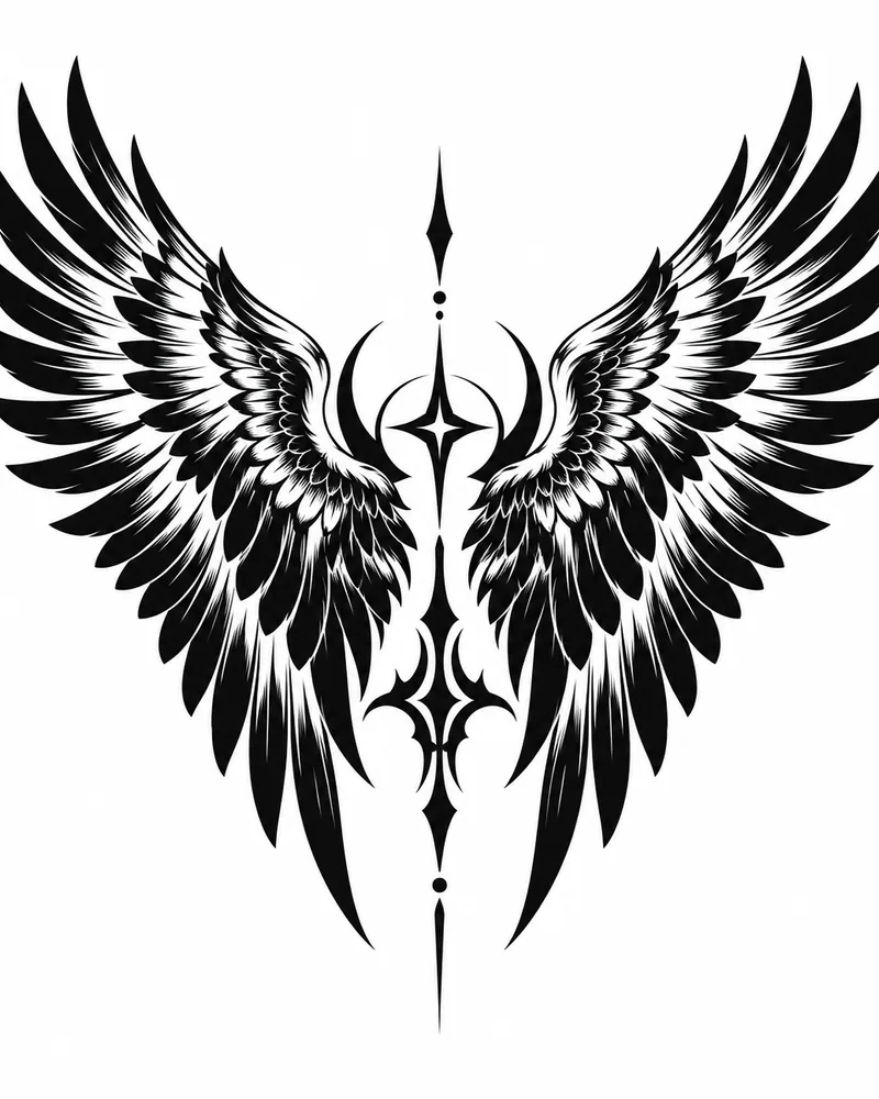 Blackwork spread wings back tattoo design