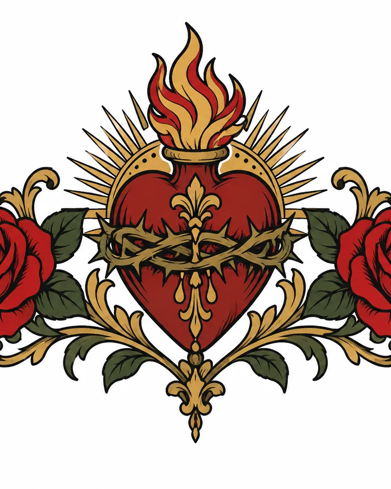 Neo-traditional sacred heart and roses chest tattoo design