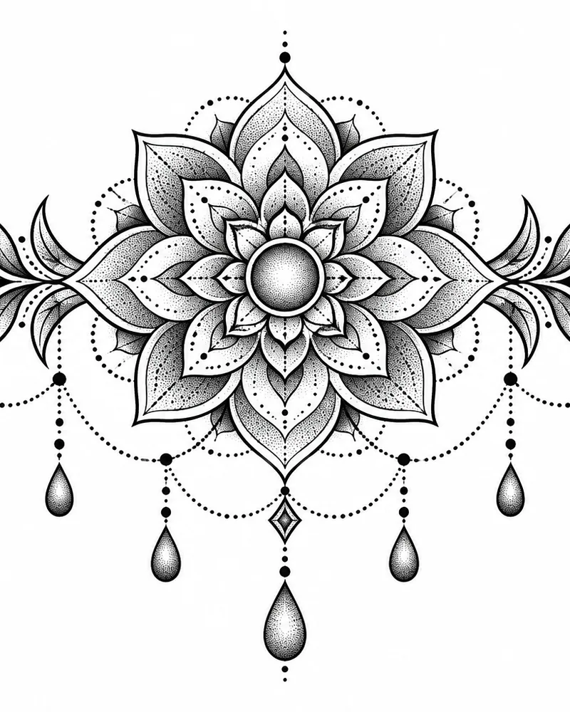Dotwork mandala with hanging drops chest tattoo design