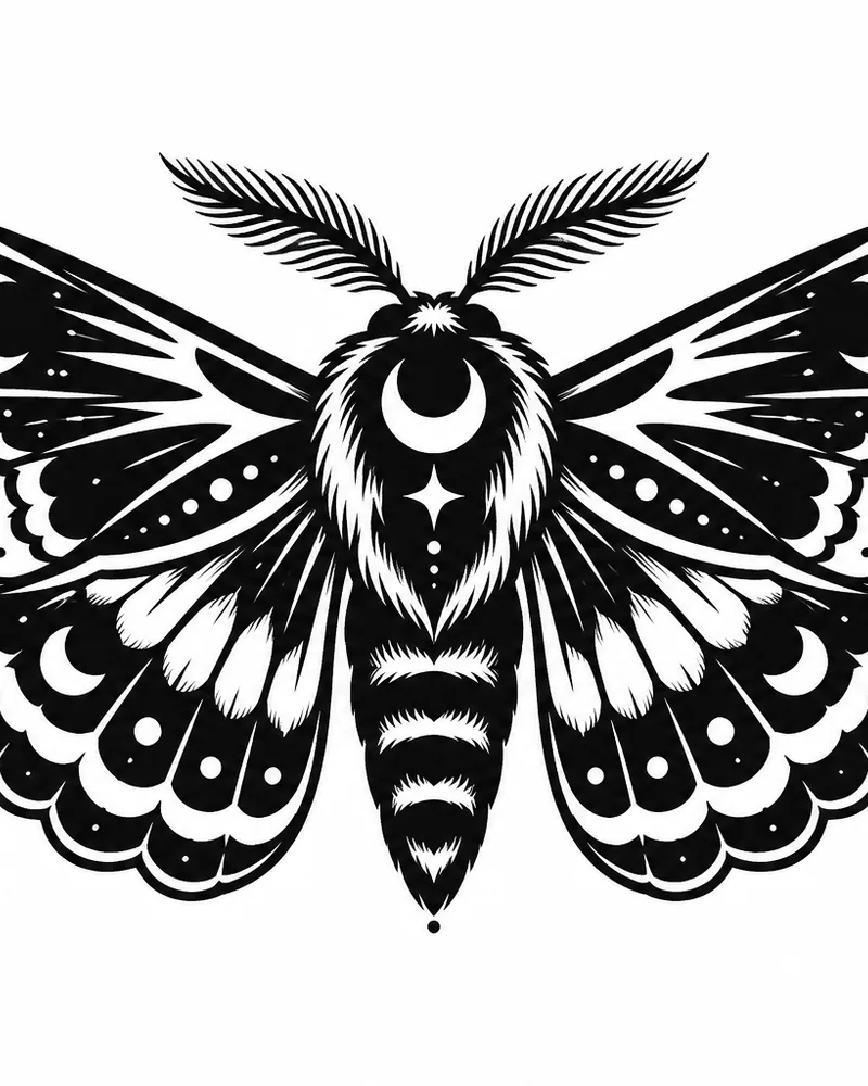 Blackwork moth chest tattoo design with wide patterned wings