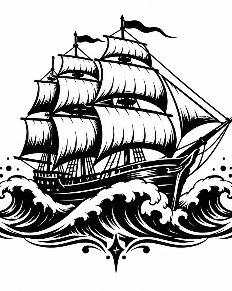 Blackwork sailing ship chest tattoo design
