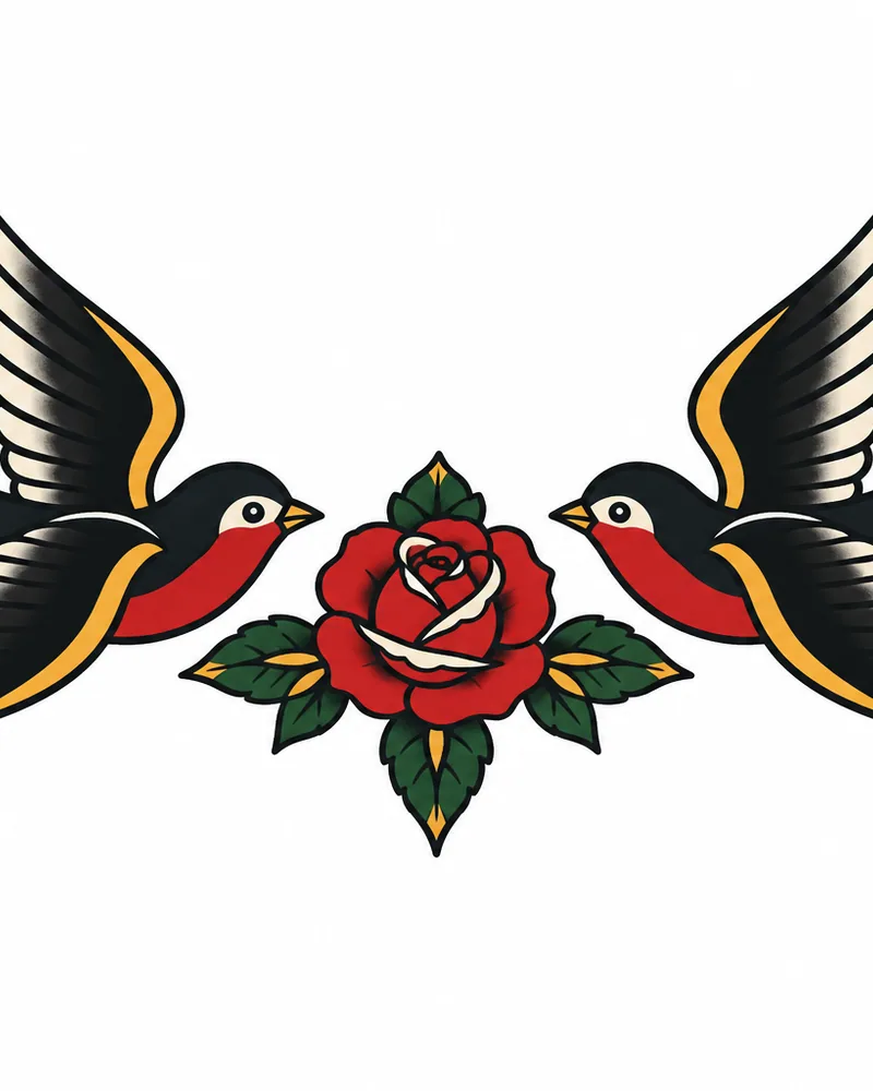 American traditional swallows chest tattoo design with a rose, in color