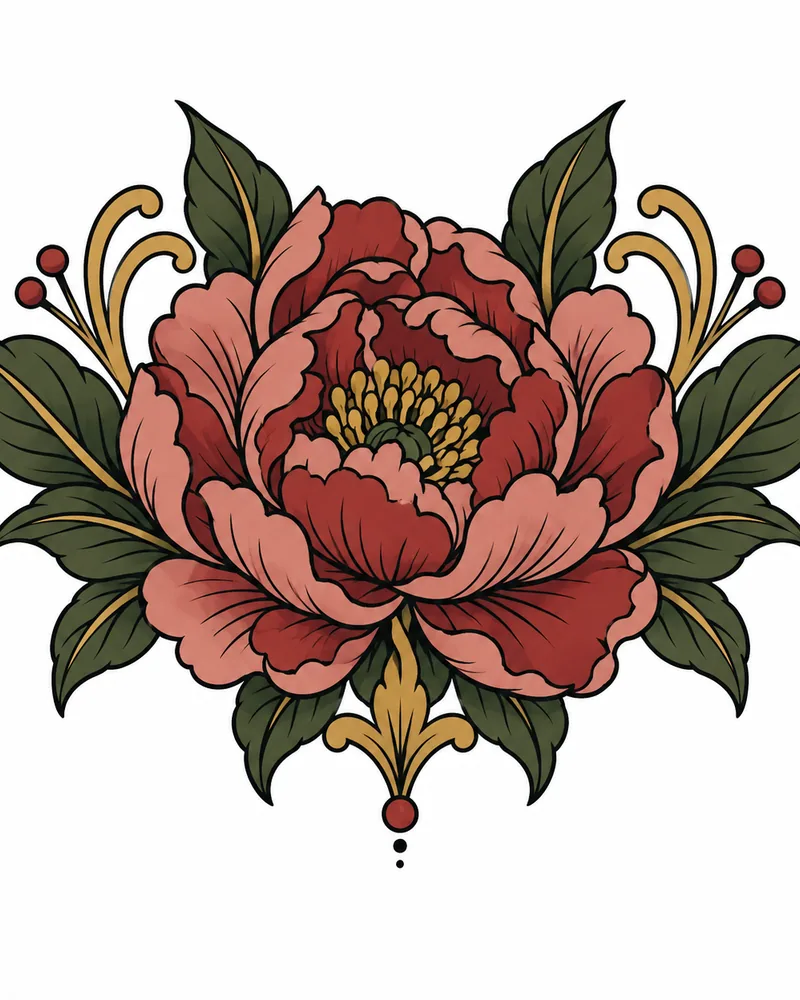 Neo-traditional peony hand tattoo design in jewel tones, for the back of the hand