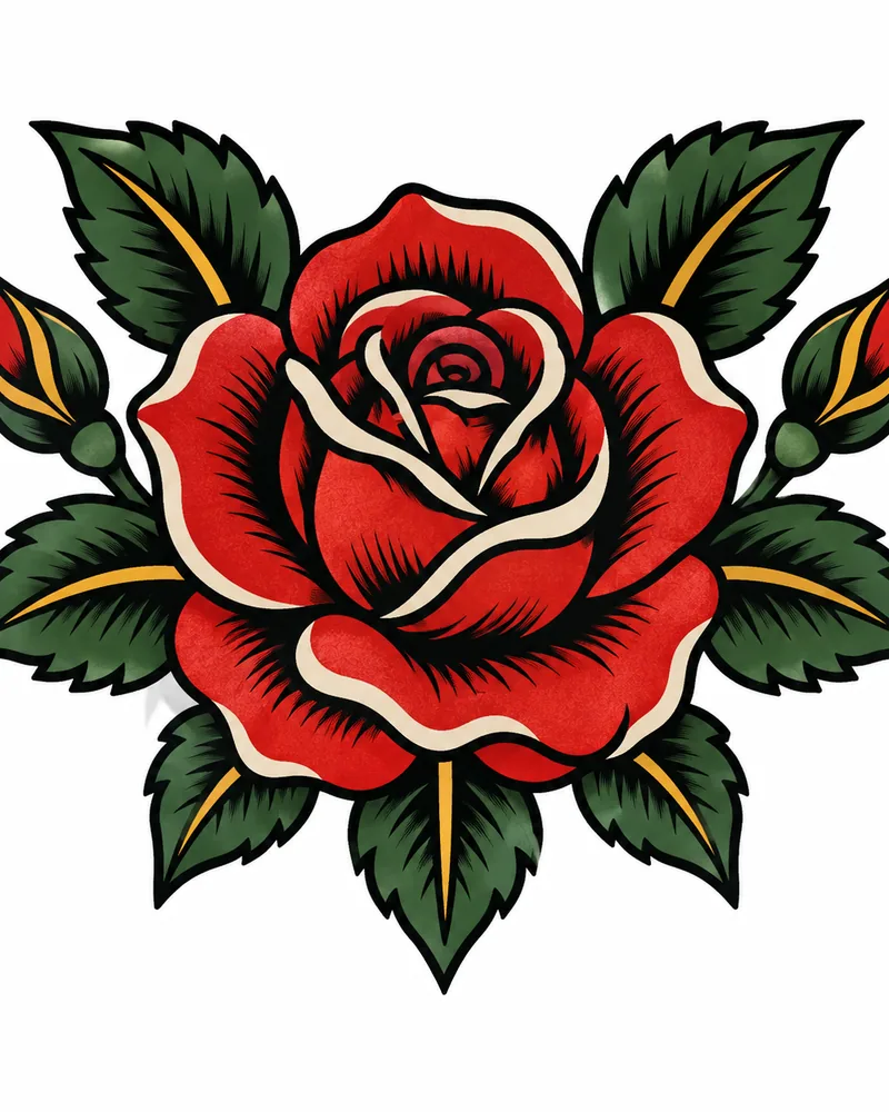 American traditional rose hand tattoo design in red and green, for the back of the hand