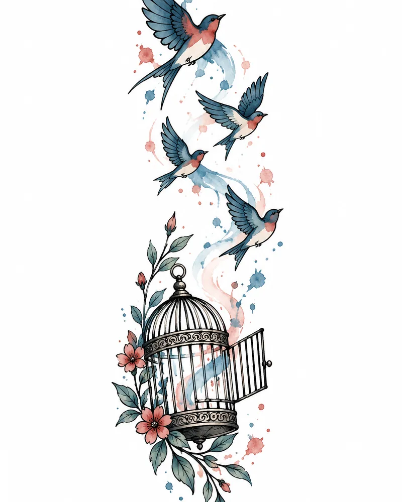 Watercolor birds leaving a cage tattoo, a meaningful tattoo about freedom