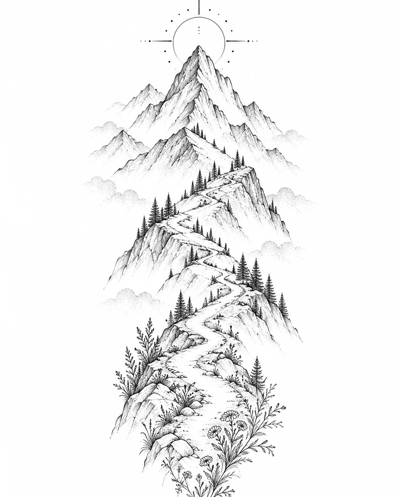 Fine line mountain path tattoo, a meaningful tattoo about the journey, for the forearm