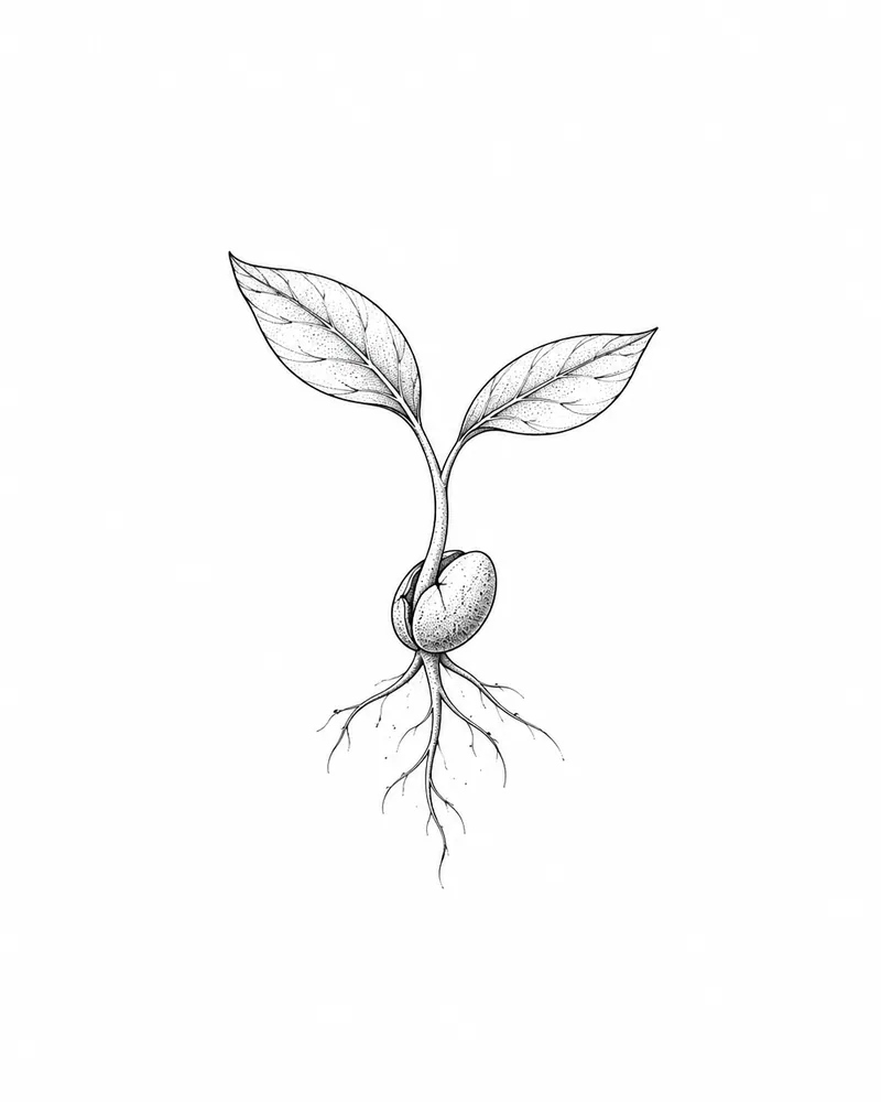 Fine line sprouting seed tattoo, a meaningful tattoo about growth