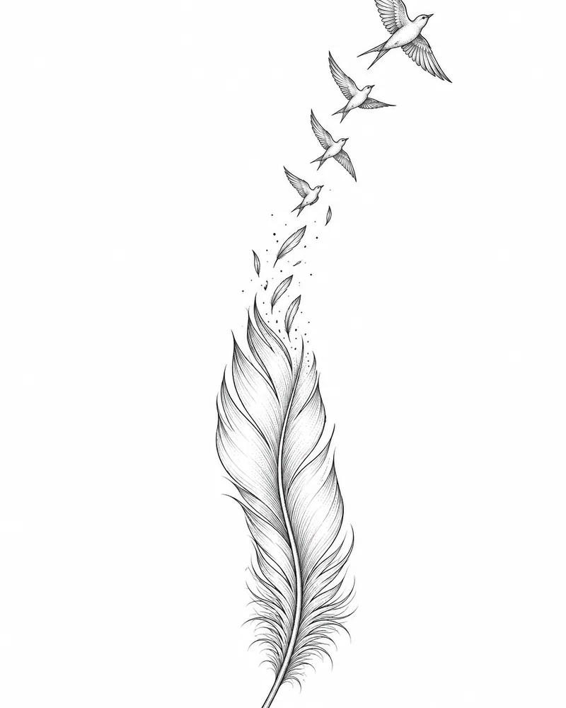 Fine line feather and birds memorial tattoo design, for the forearm