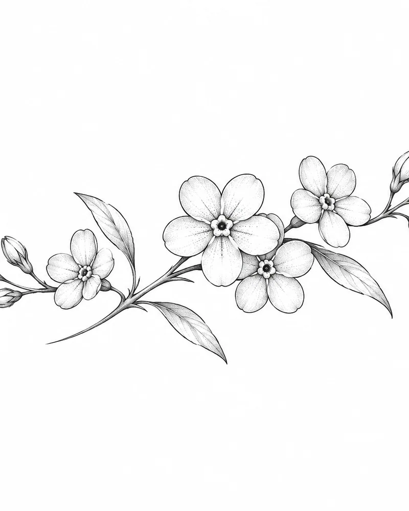 Fine line forget-me-not memorial tattoo design, for the ankle