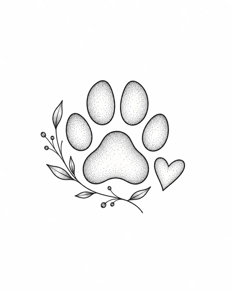 Fine line paw print and heart memorial tattoo design, for the wrist