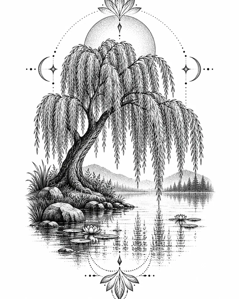 Dotwork willow tree memorial tattoo design, for the calf