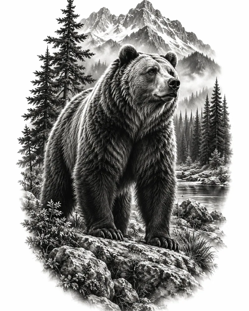 Realism grizzly bear tattoo idea for men in black and grey, for the upper arm