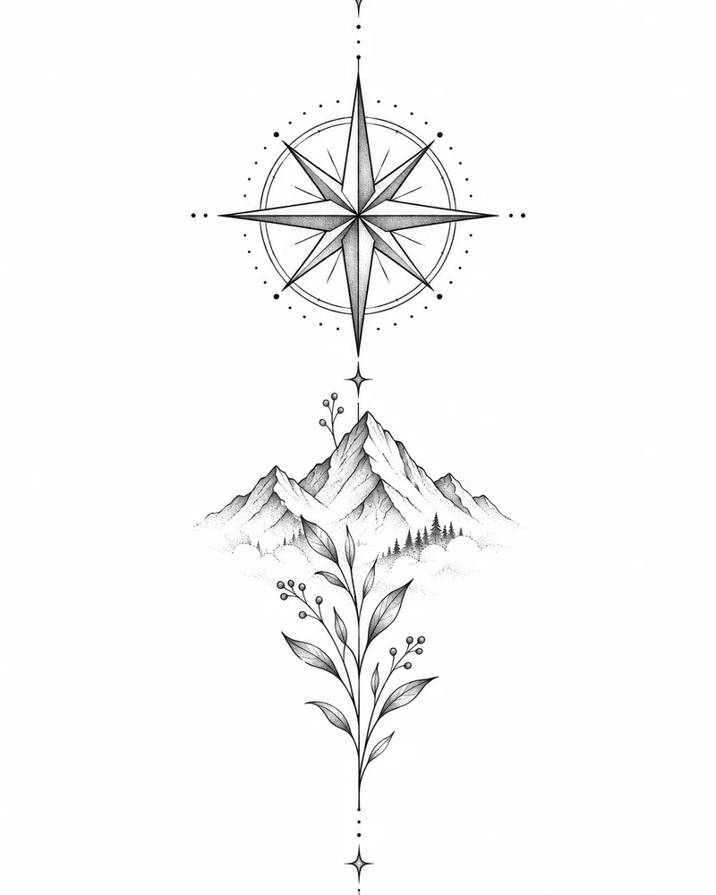 Fine line compass and mountain tattoo idea for men, for the forearm