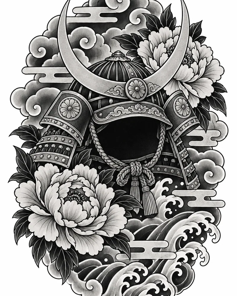 Japanese samurai helmet tattoo idea for men with peonies, for the upper arm