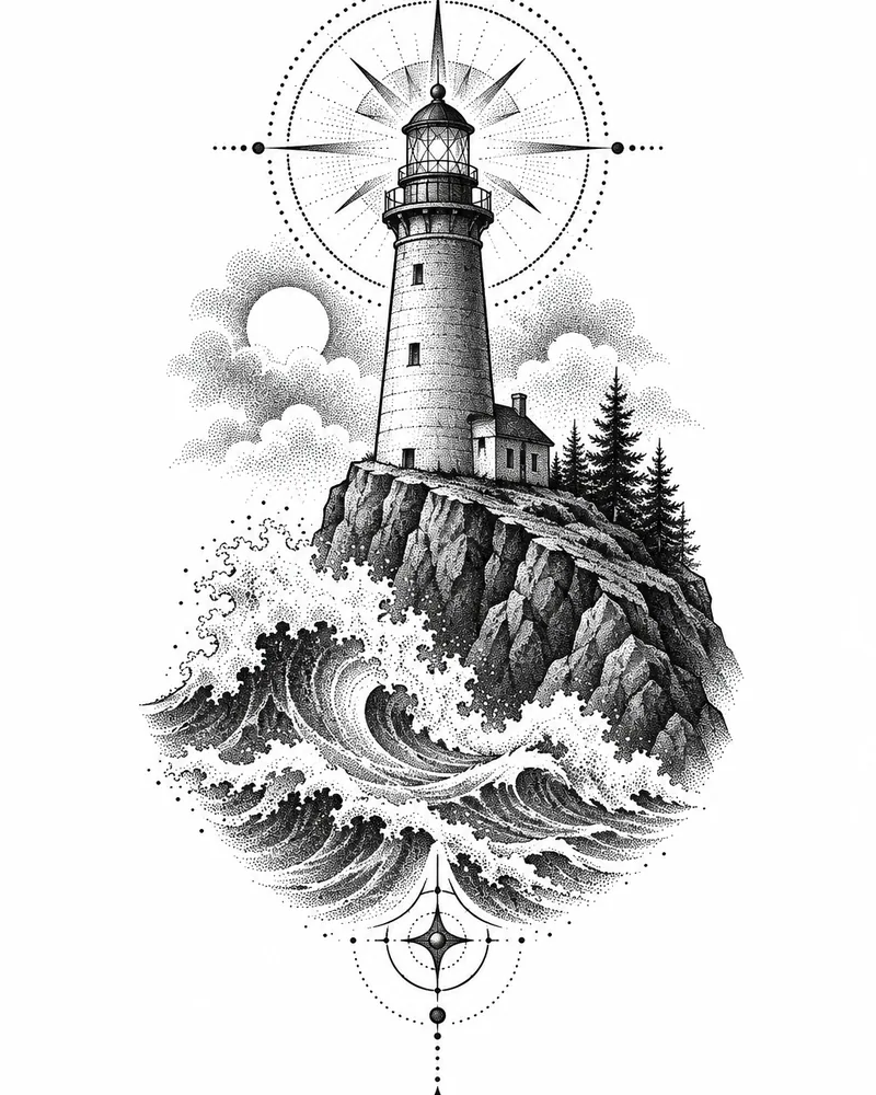 Dotwork lighthouse tattoo idea for men, for the calf