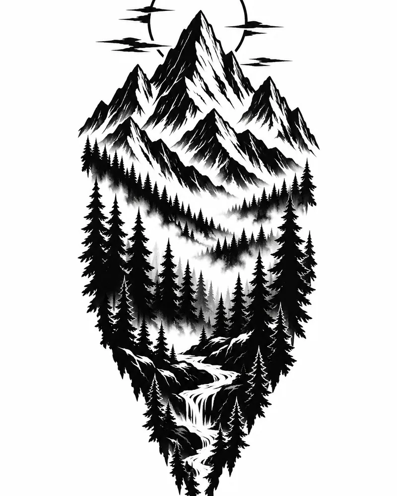 Blackwork mountain and pine forest tattoo idea for men, for the forearm