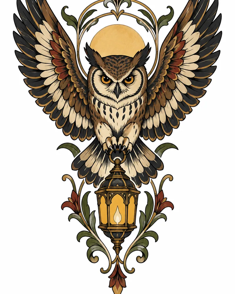 Neo-traditional owl and lantern tattoo idea for men, for the forearm