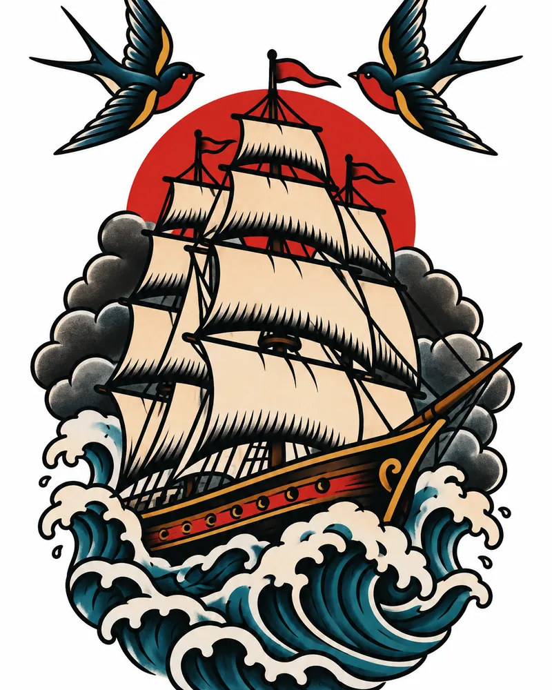American traditional ship tattoo idea for men in color, for the upper arm
