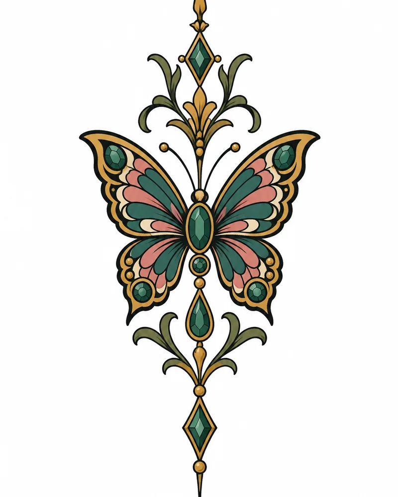 Neo-traditional jeweled butterfly neck tattoo design