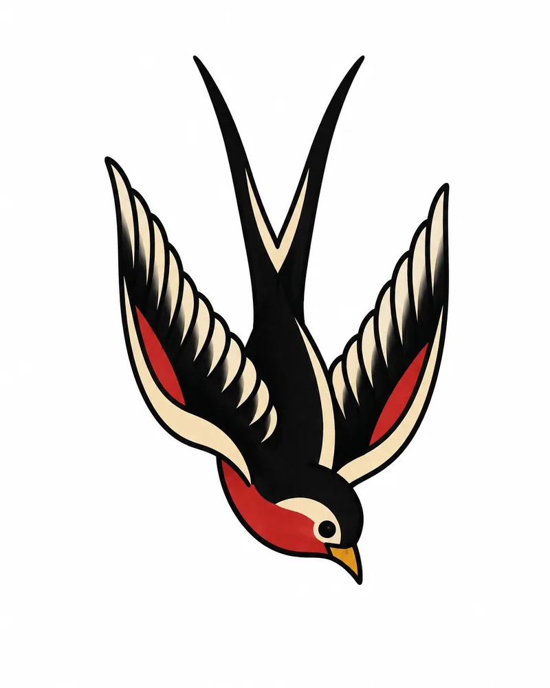 Traditional swallow neck tattoo design in color, for the back of the neck