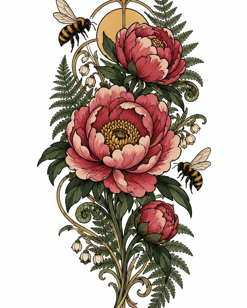Neo-traditional botanical garden sleeve tattoo design in jewel tones