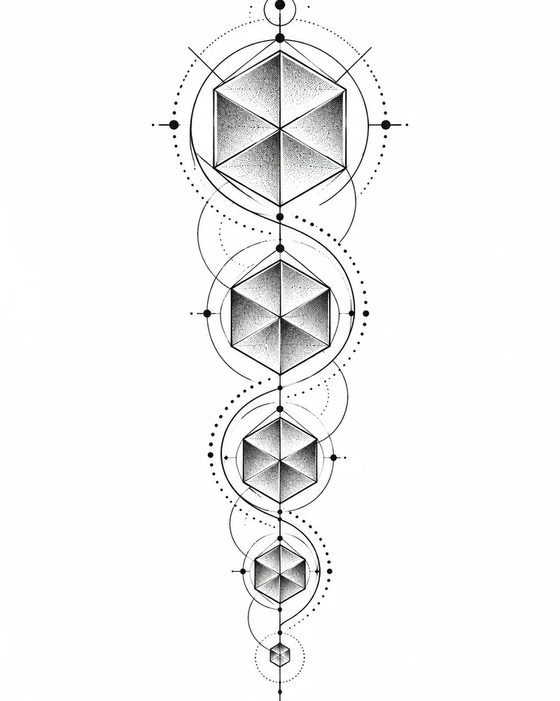 Geometric hexagon sleeve tattoo design with dot shading