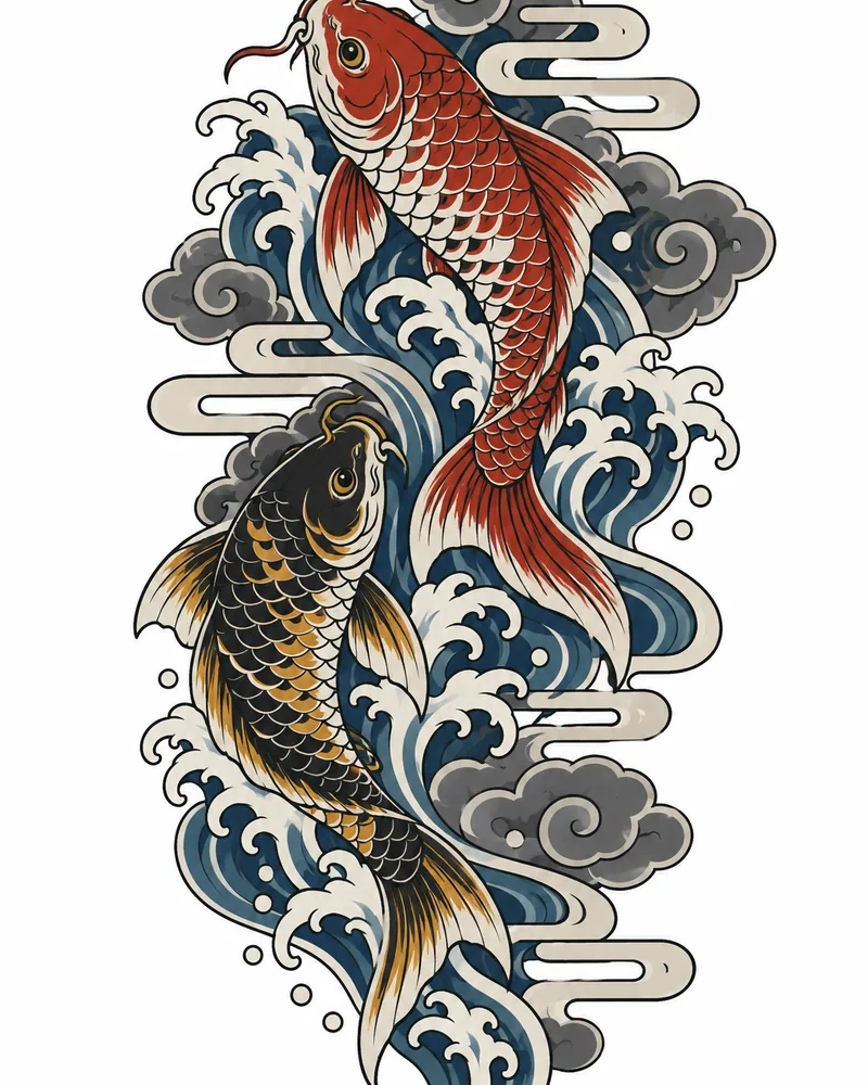 Japanese koi sleeve tattoo design with waves and wind bars, in color