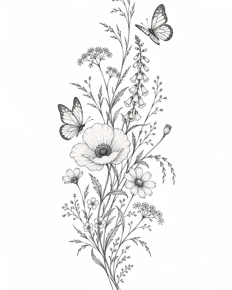 Fine line wildflower meadow sleeve tattoo design