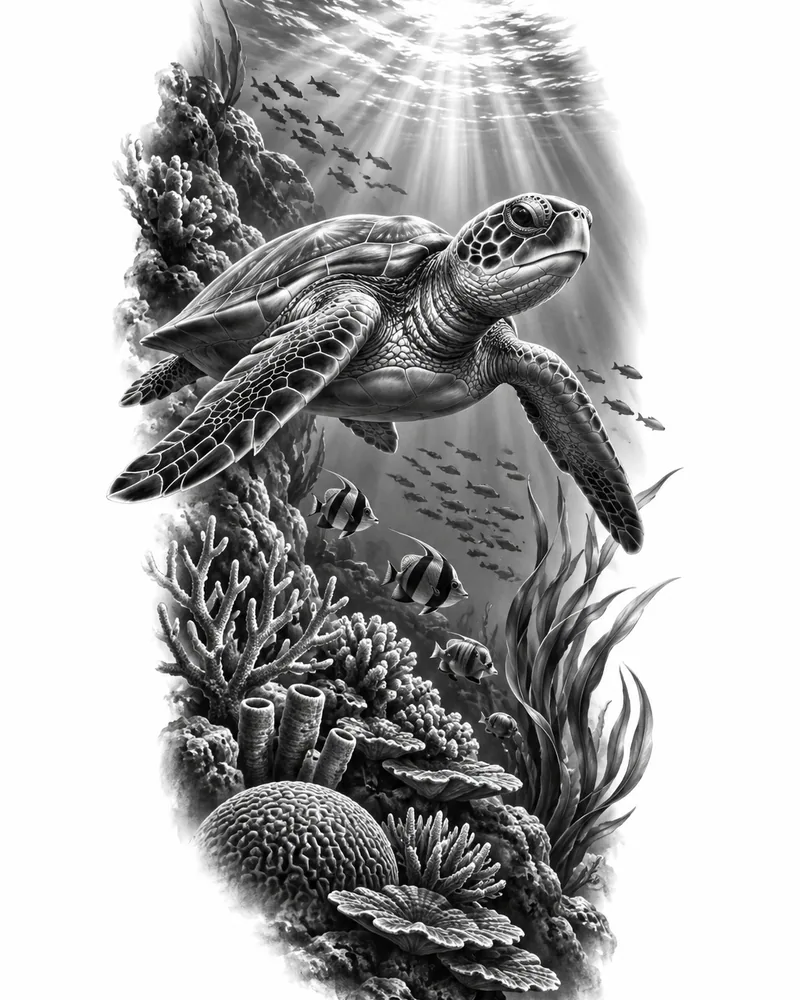 Realism ocean sleeve tattoo design with a sea turtle and coral