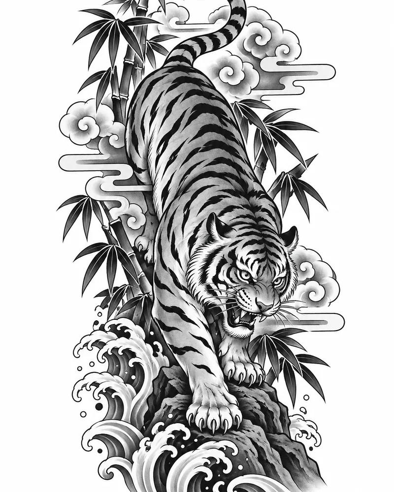 Japanese tiger and bamboo sleeve tattoo design in black and grey
