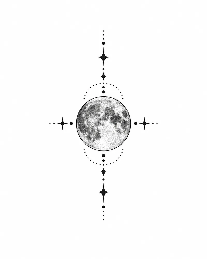 Small dotwork full moon tattoo design, for a finger