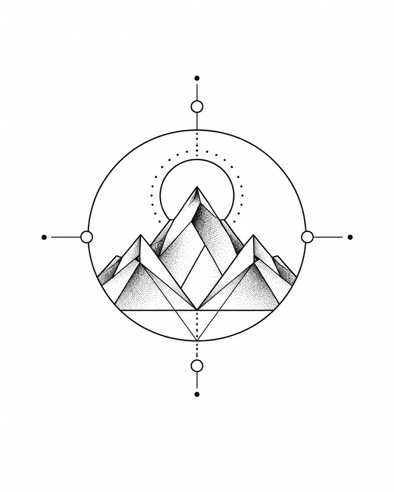 Small geometric mountain in a circle tattoo design, for the wrist