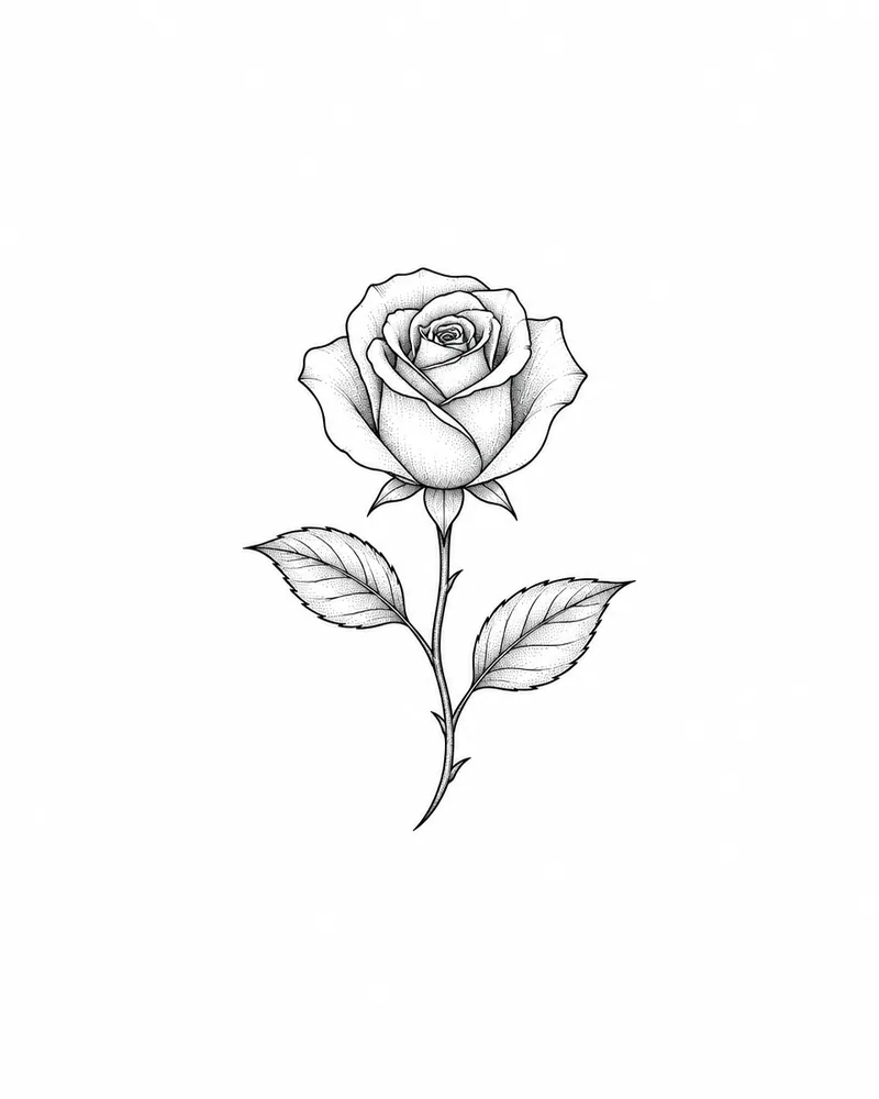 Small fine line rose tattoo design with two leaves, black ink, for the wrist