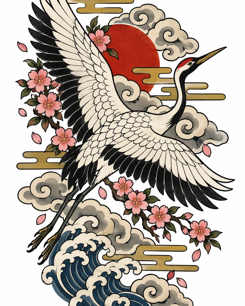 Japanese crane and cherry blossom tattoo idea for women, for the calf