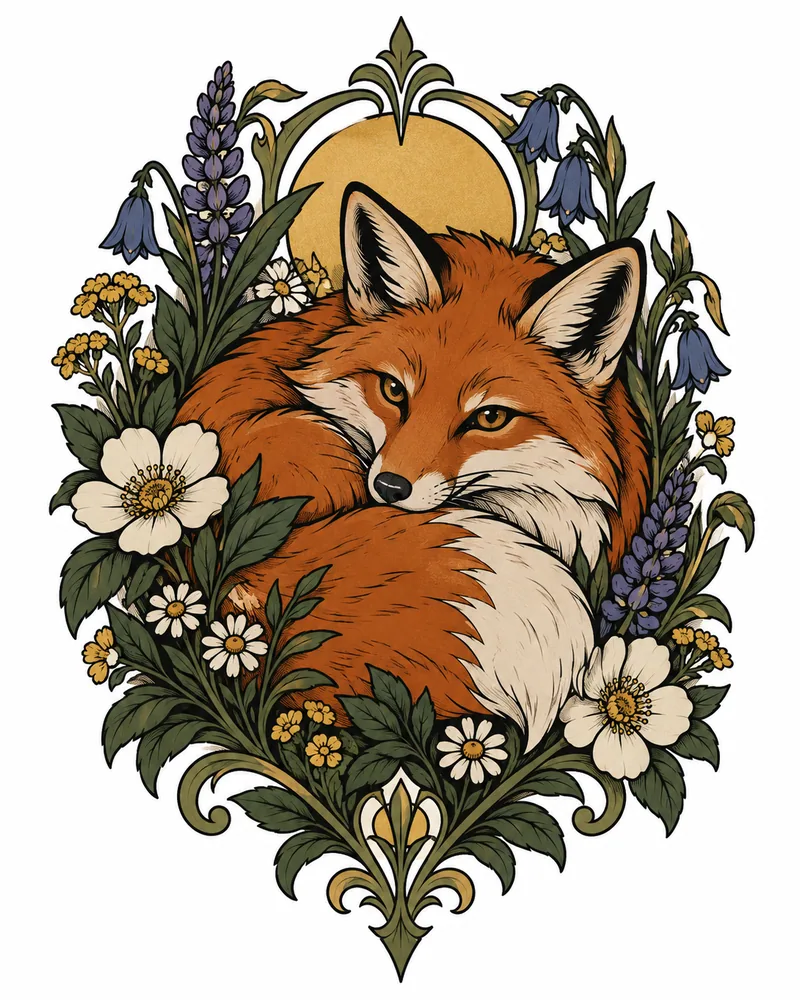 Neo-traditional fox in wildflowers tattoo idea for women, for the upper arm