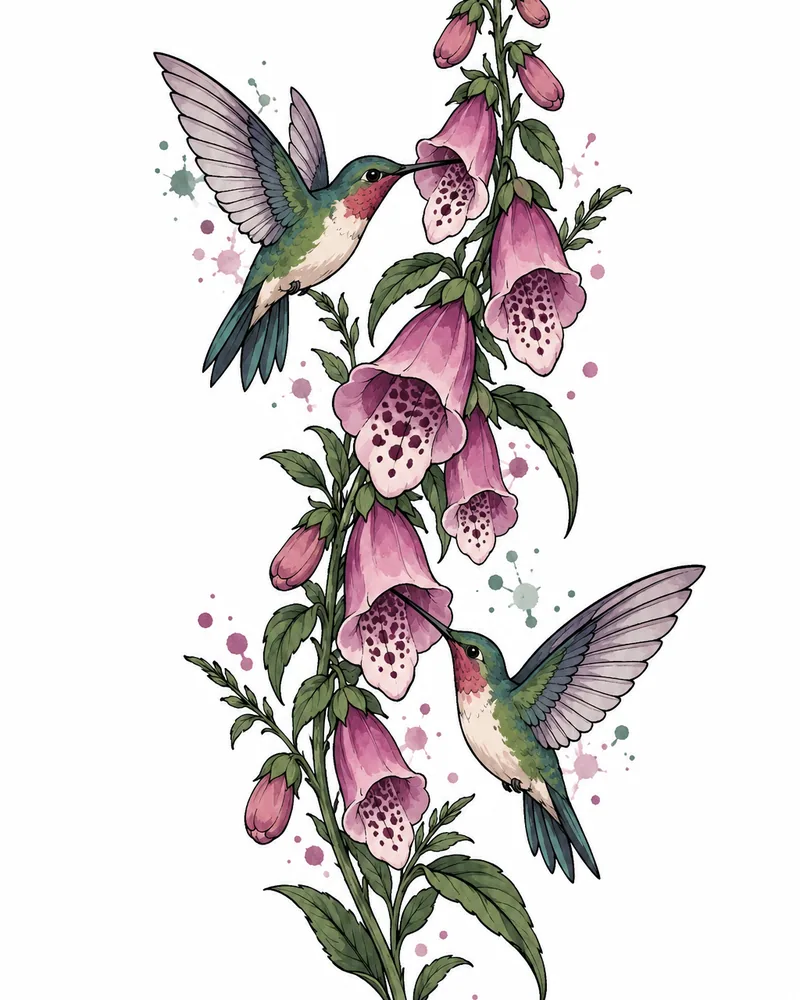 Watercolor hummingbirds and foxgloves tattoo idea for women, for the forearm
