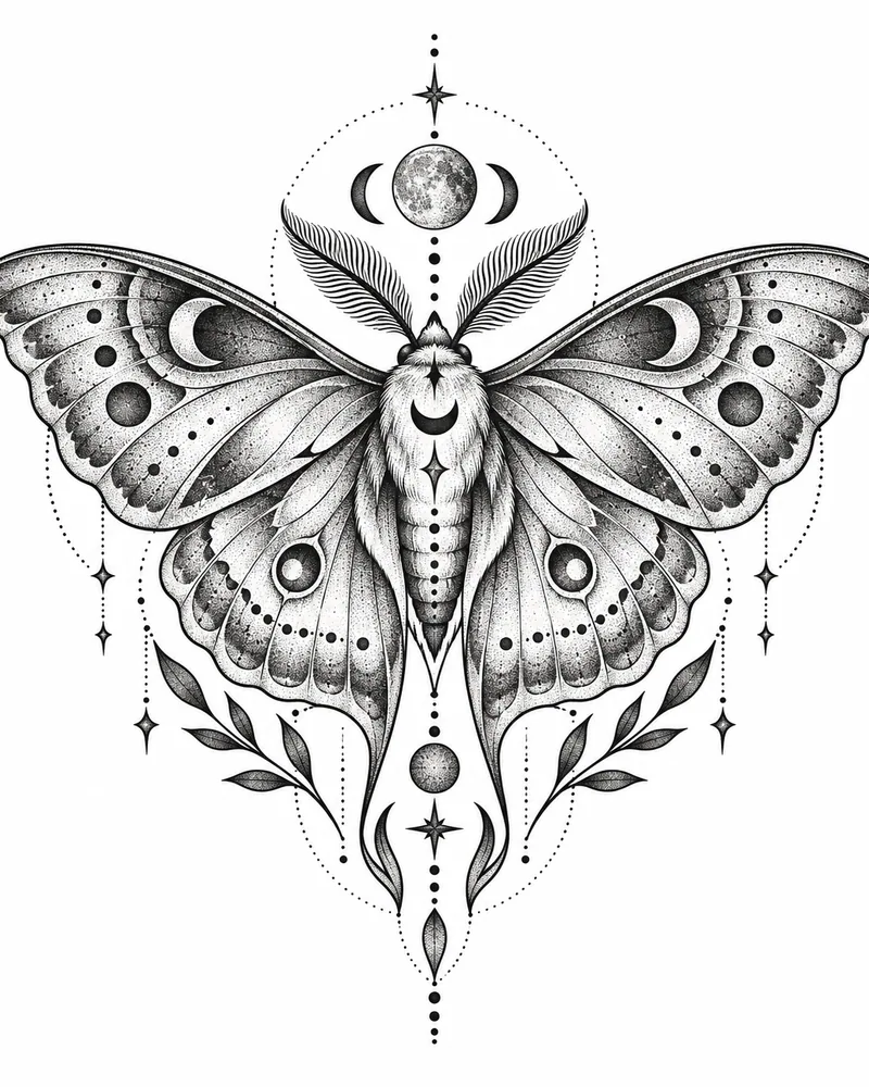 Dotwork ornamental moth tattoo idea for women, planned as a back piece