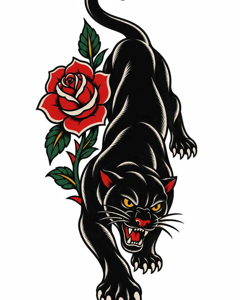 American traditional panther and rose tattoo idea for women, for the forearm