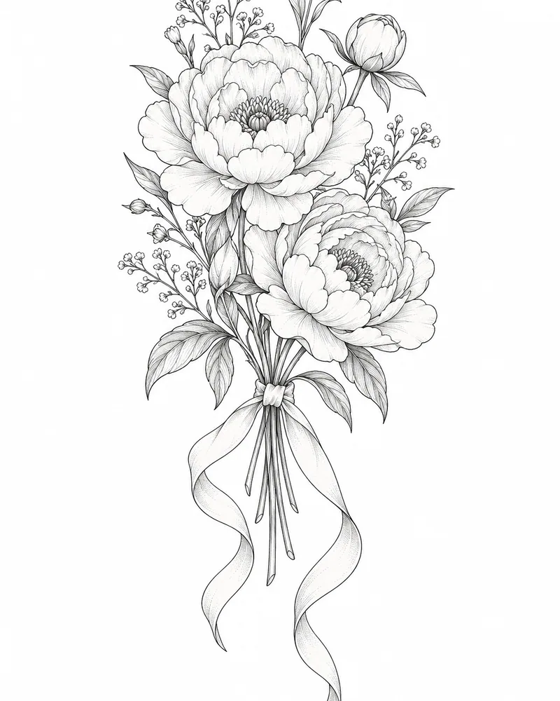 Fine line peony bouquet tattoo idea for women, black ink, for the forearm