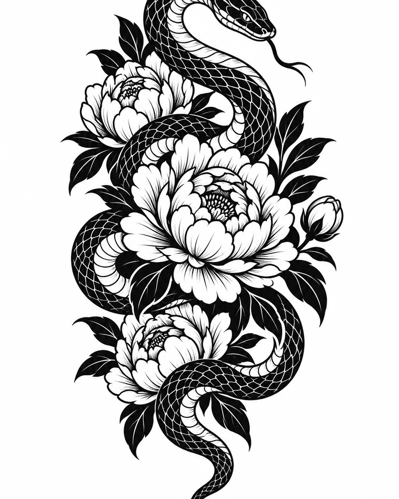 Blackwork snake and peony tattoo idea for women, for the upper arm