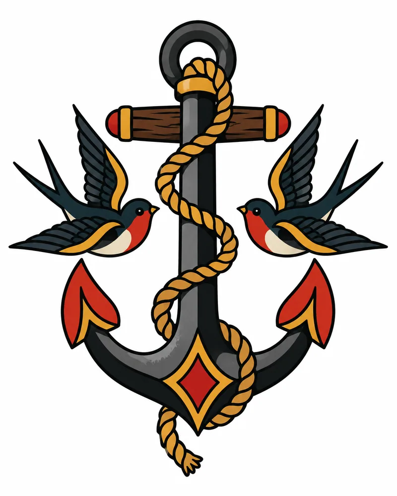 American traditional anchor and swallows tattoo design in color