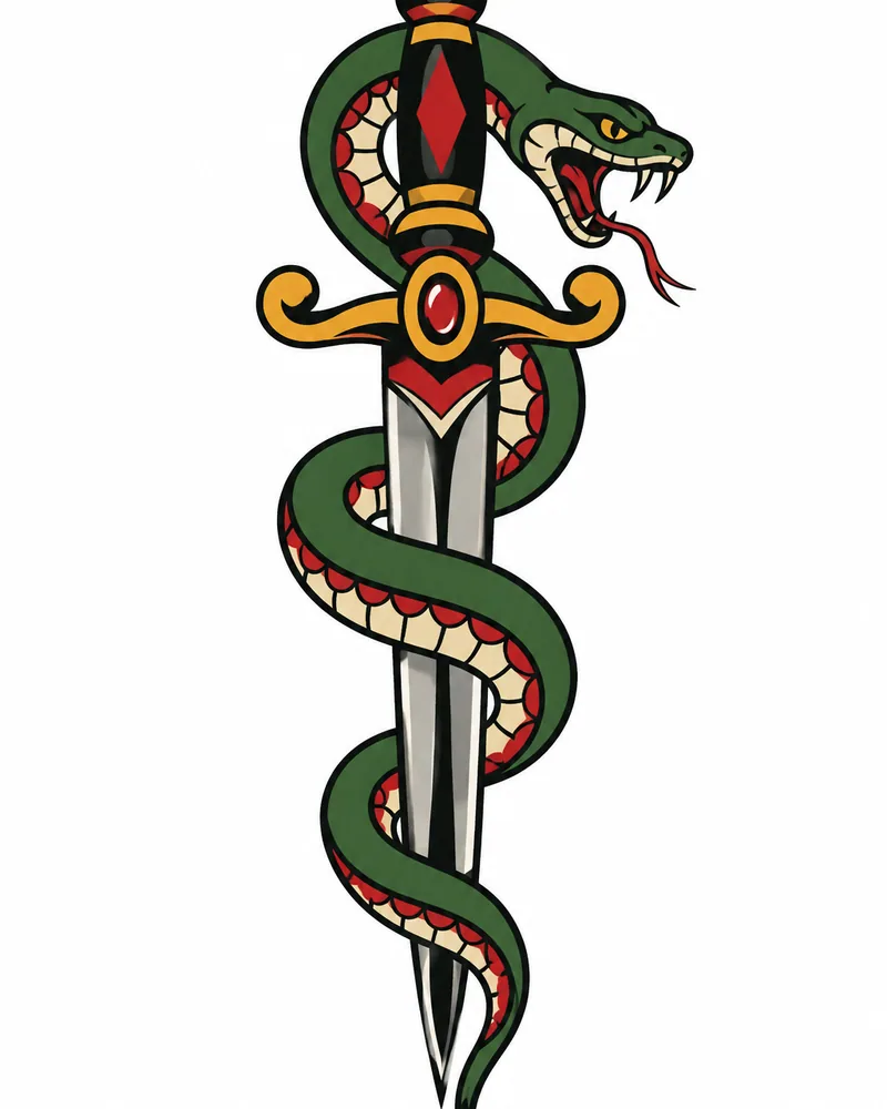 American traditional dagger and snake tattoo design, blade pointing down